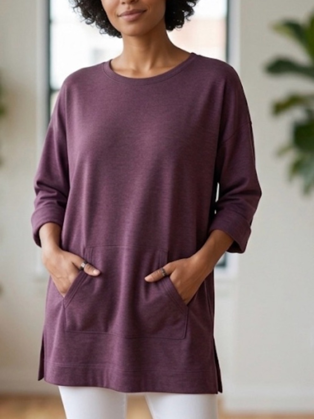 Jill Pure Jill Eggplant 3/4 Sleeve Kangaroo Pocket Top Relaxed Minimalist S